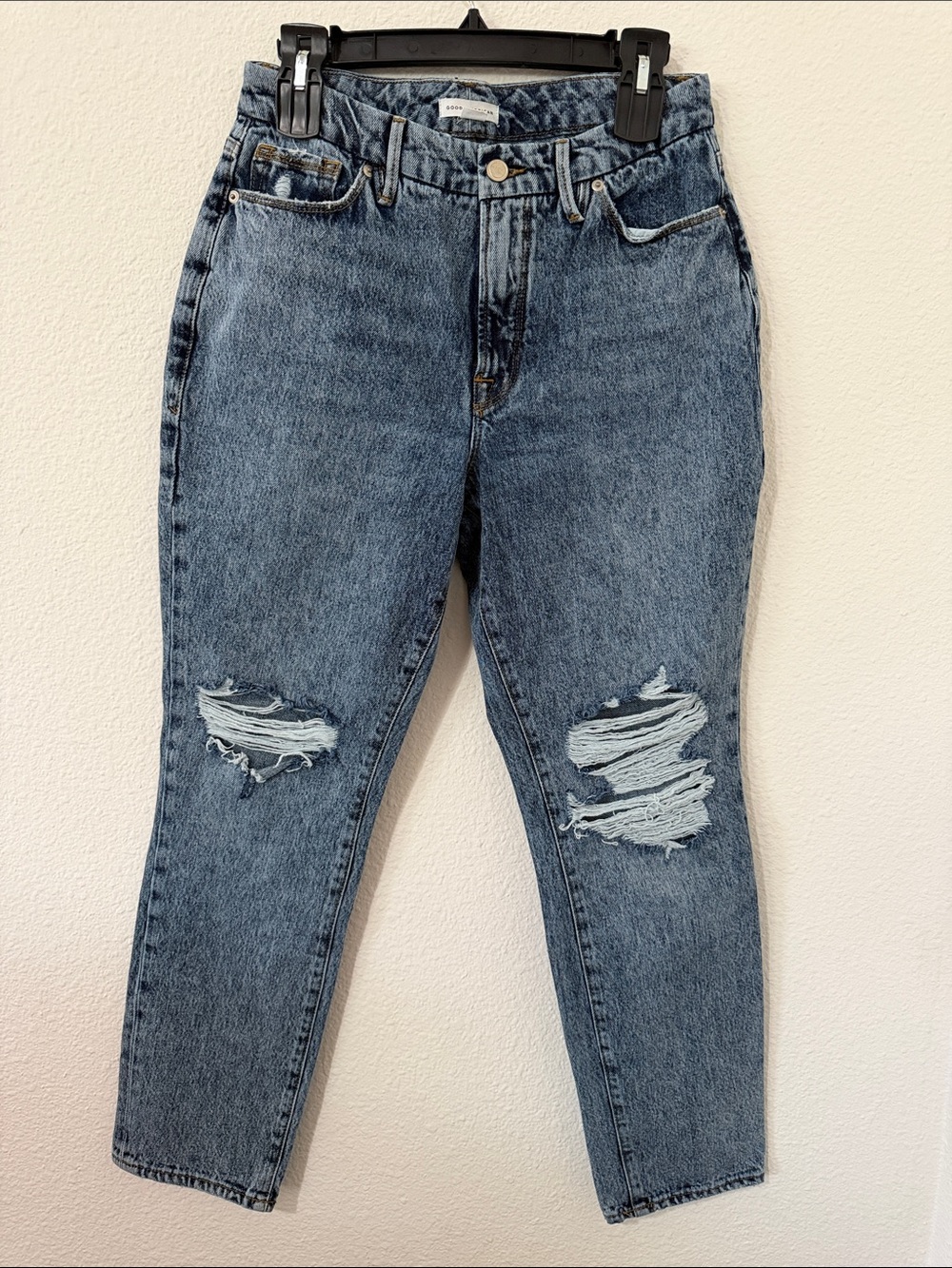 Good American Distressed Boyfriend Jeans - Mid Blue